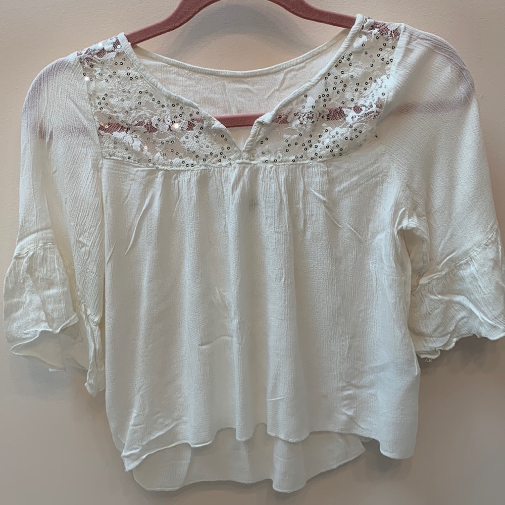 Abercrombie kids 3/4 sleeve blouse white lace top w/ lace yoke & ruffle sleeve